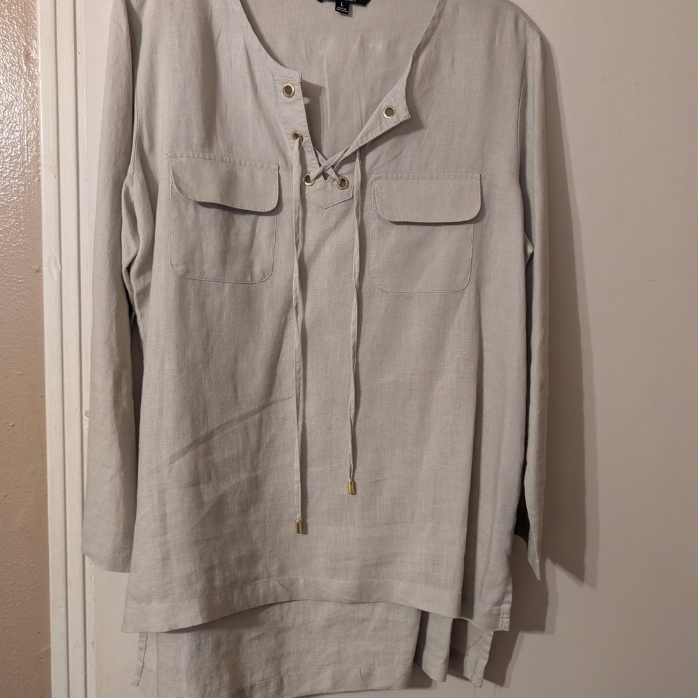 Ellen Tracy Light Beige Lace-Up Blouse